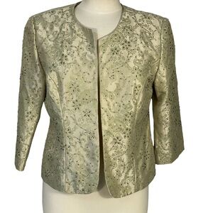 R&M Richards Sz 10 Petite Dressy Green Damask Beaded Open Front Blazer Jacket
